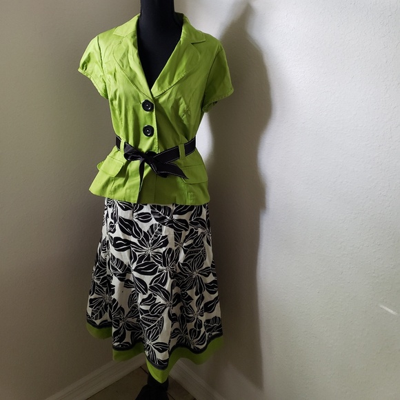 Womens Lime Green/Black n White Leaves Skirt Set - Picture 3 of 8